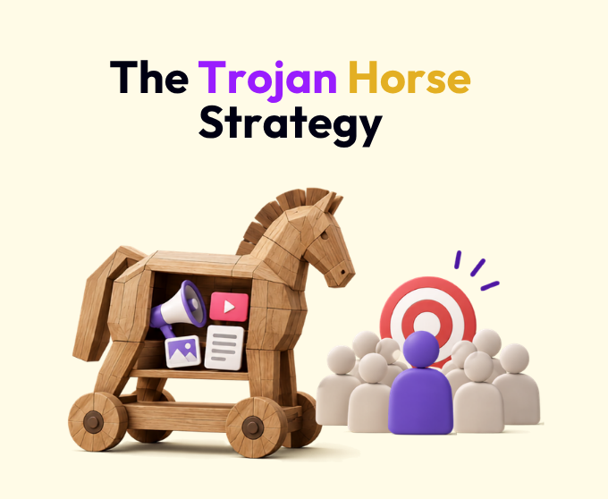 Trojan horse made of social media icons, representing the Trojan Horse strategy in social media marketing